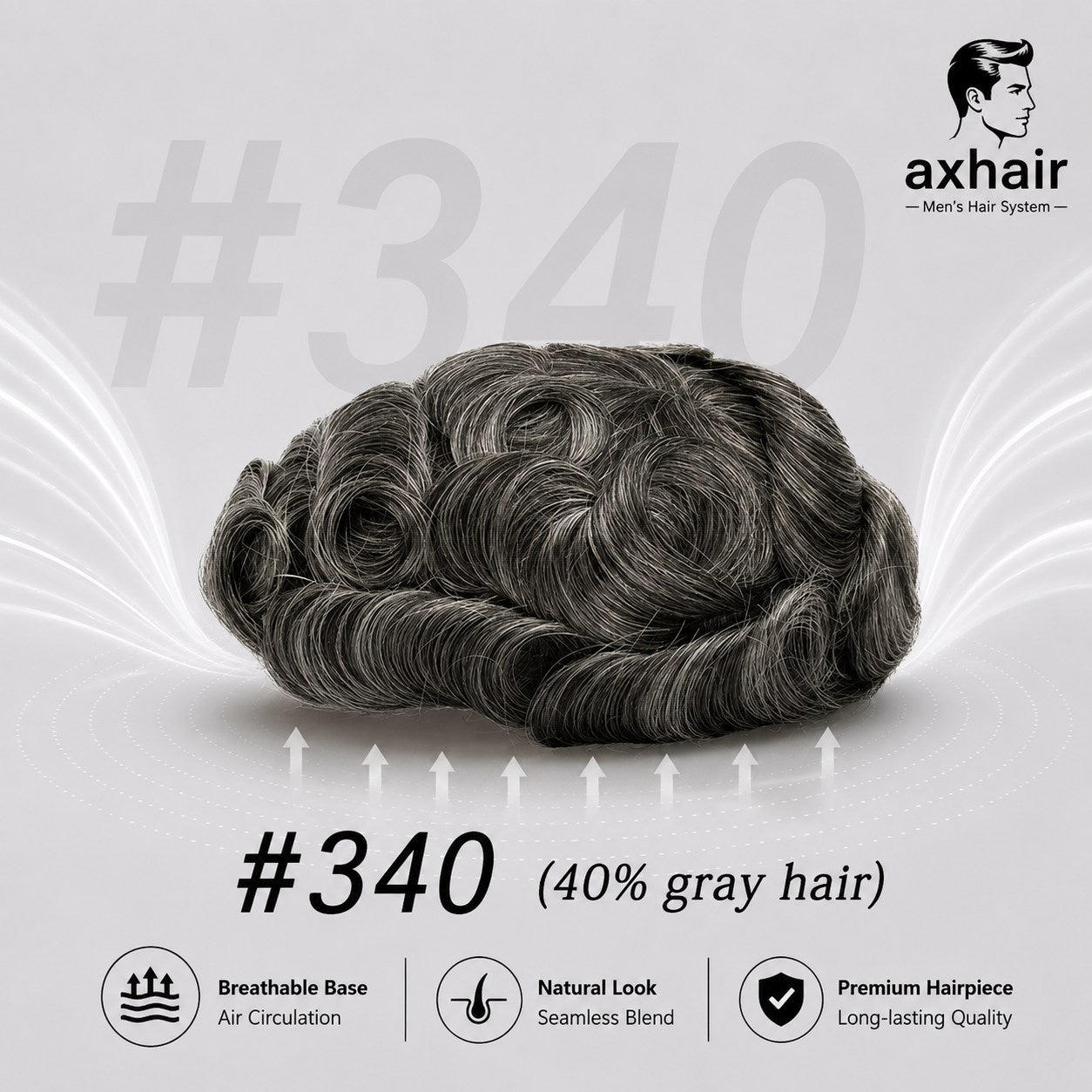 Men's toupee hairpiece, dark gray wavy curls, #340 (40% gray hair)
